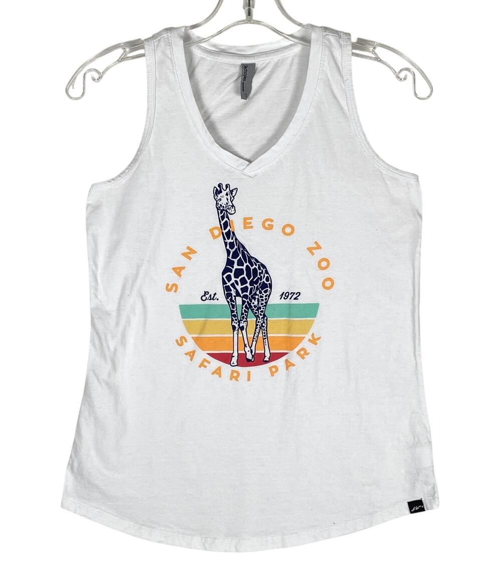 San Diego Zoo Safari Park Giraffe Graphic Tank Top Womens S V Neck White Retro